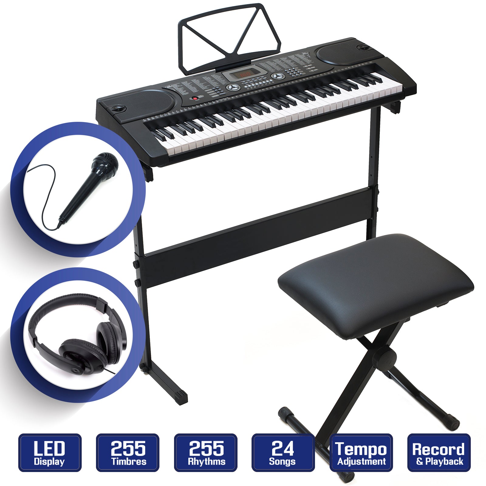 61-Key Digital Piano Keyboard Set – Stand, Stool, Headphones & Mic